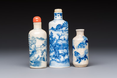 Three Chinese blue and white snuff bottles with landscapes and 'Buddhist Lions', Yongzheng marks, 19th C.