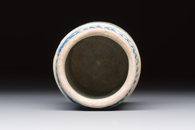 A blue and white Antwerp maiolica albarello inscribed 'PV:PVERPERL', 16th C.