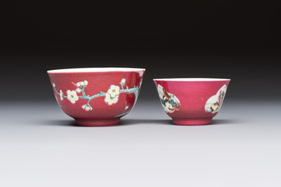 Two Chinese famille rose ruby-ground 'Landscape Scroll' cups and saucers, Yongzheng