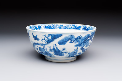 A Chinese blue and white bowl with scholars among cranes and deer, Kangxi mark and of the period