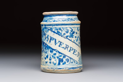 A blue and white Antwerp maiolica albarello inscribed 'PV:PVERPERL', 16th C.