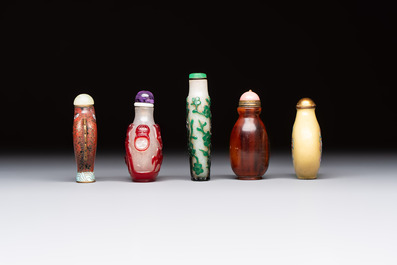 Five various Chinese cloisonn&eacute;, glass, horn and enamel snuff bottles, Qianlong mark, 19/20th C.