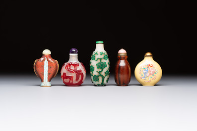 Five various Chinese cloisonn&eacute;, glass, horn and enamel snuff bottles, Qianlong mark, 19/20th C.