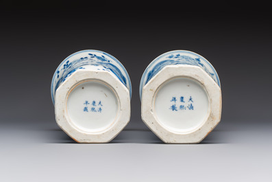 A rare Chinese blue and white five-piece garniture in Dutch Delft style, Kangxi mark, 19th C.