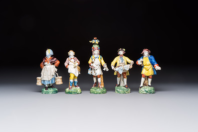 Five polychrome Delftware models of figures from everyday life, probably Desvres, France, 19th C.