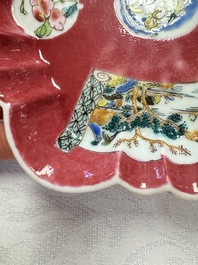A Chinese famille rose ruby-ground 'Landscape Scroll' teapot and stand, Yongzheng