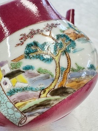 A Chinese famille rose ruby-ground 'Landscape Scroll' teapot and stand, Yongzheng
