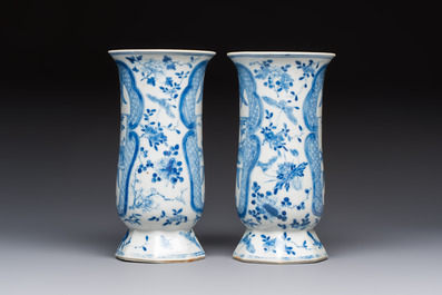 A rare Chinese blue and white five-piece garniture in Dutch Delft style, Kangxi mark, 19th C.