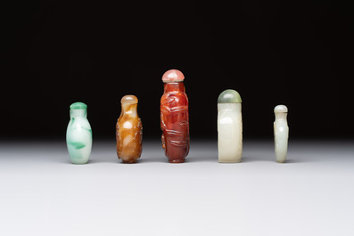 Five various Chinese jade, jadeite, agate and glass snuff bottles, 19th C.