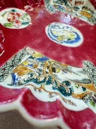 A Chinese famille rose ruby-ground 'Landscape Scroll' teapot and stand, Yongzheng