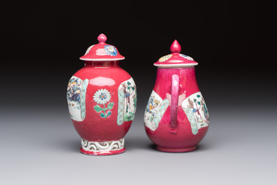 A Chinese famille rose ruby-ground 'Landscape Scroll' covered tea caddy and a covered milk jug, Yongzheng