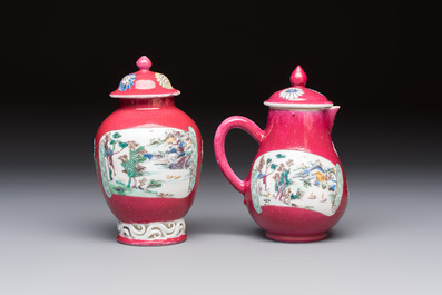 A Chinese famille rose ruby-ground 'Landscape Scroll' covered tea caddy and a covered milk jug, Yongzheng