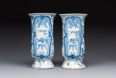 A rare Chinese blue and white five-piece garniture in Dutch Delft style, Kangxi mark, 19th C.