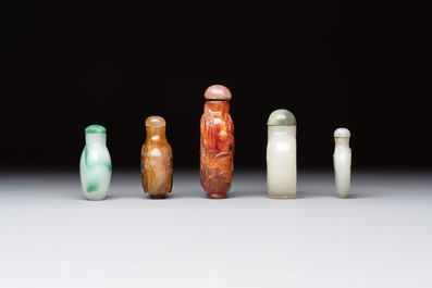 Five various Chinese jade, jadeite, agate and glass snuff bottles, 19th C.
