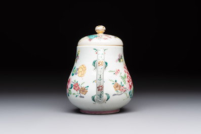 A Chinese famille rose 'Birds and Insects among Flowers' teapot on a later wooden stand, Yongzheng