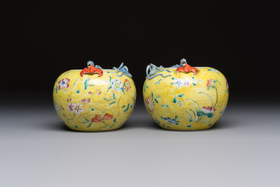 A pair of Chinese famille rose yellow-ground water pots with floral design and applied chilong and bats, Qianlong mark, 19/20th C.