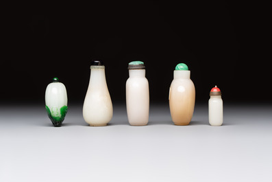 Five Chinese white jade and glass snuff bottles, 19/20th C.