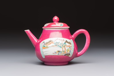 A Chinese famille rose ruby-ground 'Landscape Scroll' teapot and stand, Yongzheng