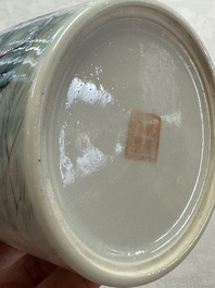 A Chinese polychrome brush pot with a bird standing on rockwork amid waves, Qianlong mark, 20th C.