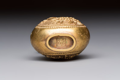 A Chinese gilt-bronze and mother-of-pearl-inlaid snuff bottle with birds among flowering branches, Guangxu mark and of the period
