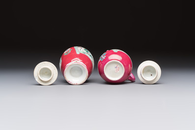 A Chinese famille rose ruby-ground 'Landscape Scroll' covered tea caddy and a covered milk jug, Yongzheng