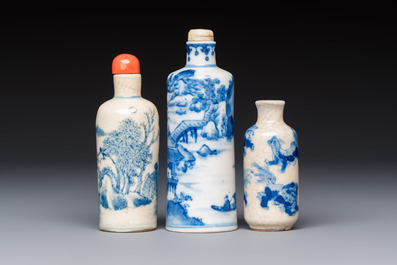 Three Chinese blue and white snuff bottles with landscapes and 'Buddhist Lions', Yongzheng marks, 19th C.