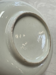 Two Chinese famille rose ruby-ground 'Landscape Scroll' cups and saucers, Yongzheng