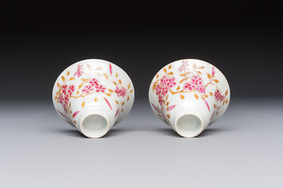 A Chinese famille rose wine pot and a pair of covered wine warming bowls with cups, Qianlong and Wang Fulong Zhi 汪福隆制 marks, 19/20th C.