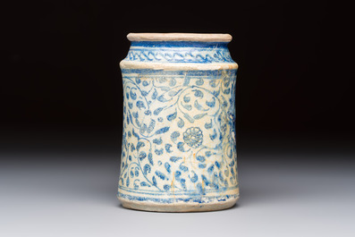A blue and white Antwerp maiolica albarello inscribed 'PV:PVERPERL', 16th C.