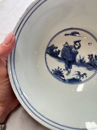 A Chinese blue and white 'Eight Immortals' bowl on a wooden stand, Chenghua mark, late Ming