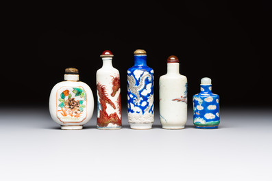 Five Chinese copper-red, blue and white, and polychrome snuff bottles, Yongzheng and Daoguang marks, 19/20th C.