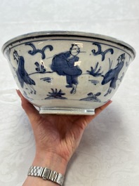 A Chinese blue and white 'Eight Immortals' bowl on a wooden stand, Chenghua mark, late Ming