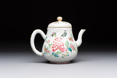 A Chinese famille rose 'Birds and Insects among Flowers' teapot on a later wooden stand, Yongzheng