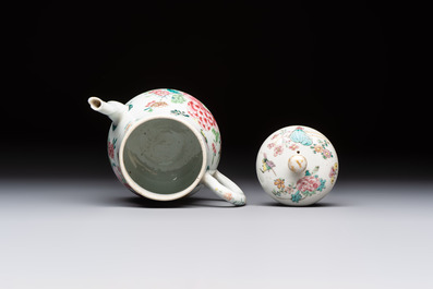 A Chinese famille rose 'Birds and Insects among Flowers' teapot on a later wooden stand, Yongzheng