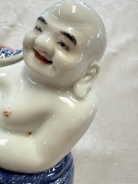 A Chinese blue and white, iron-red and gilt-decorated Milefo Buddha, Fu Jian Hui Guan 福建會館 and You Lin Ji Zhi 游林記製 marks, 20th C.