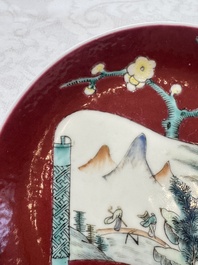 Two Chinese famille rose ruby-ground 'Landscape Scroll' cups and saucers, Yongzheng
