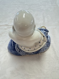 A Chinese blue and white, iron-red and gilt-decorated Milefo Buddha, Fu Jian Hui Guan 福建會館 and You Lin Ji Zhi 游林記製 marks, 20th C.