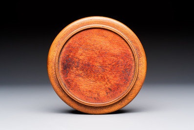 A Chinese blue and white 'Eight Immortals' bowl on a wooden stand, Chenghua mark, late Ming
