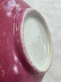 A Chinese famille rose ruby-ground 'Landscape Scroll' teapot and stand, Yongzheng