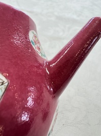 A Chinese famille rose ruby-ground 'Landscape Scroll' teapot and stand, Yongzheng