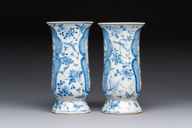 A rare Chinese blue and white five-piece garniture in Dutch Delft style, Kangxi mark, 19th C.