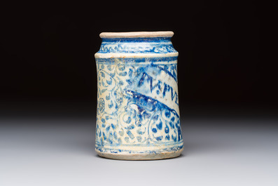 A blue and white Antwerp maiolica albarello inscribed 'PV:PVERPERL', 16th C.