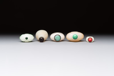 Five Chinese white jade and glass snuff bottles, 19/20th C.