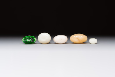 Five Chinese white jade and glass snuff bottles, 19/20th C.