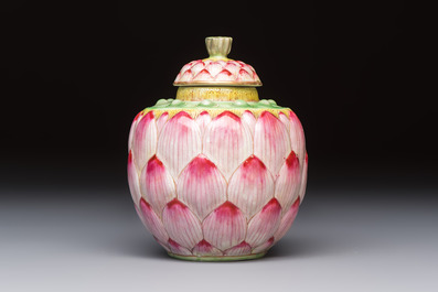 A Chinese famille rose 'Lotus Bud' tea caddy and cover, Qianlong mark, 19th C.