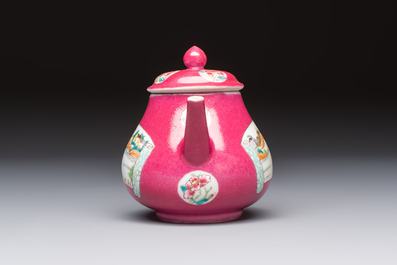 A Chinese famille rose ruby-ground 'Landscape Scroll' teapot and stand, Yongzheng