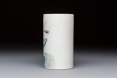 A Chinese polychrome brush pot with a bird standing on rockwork amid waves, Qianlong mark, 20th C.