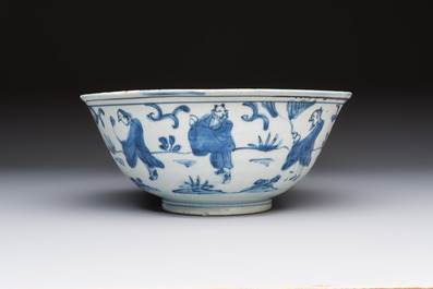 A Chinese blue and white 'Eight Immortals' bowl on a wooden stand, Chenghua mark, late Ming