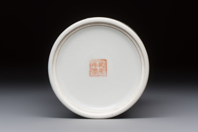 A Chinese polychrome brush pot with a bird standing on rockwork amid waves, Qianlong mark, 20th C.