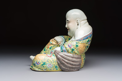 A Chinese famille rose Milefo Buddha, Ye Yunhong Zao 葉運紅造 mark, Republic
